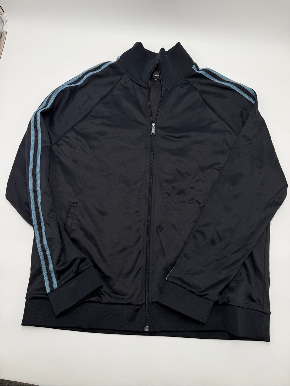 Vince Men’s Track Jacket Black Full Zip Blue Stripe Athletic Zip Up XXL